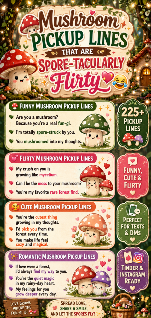 Pinterest-style infographic featuring funny, cute, flirty, and romantic mushroom pickup lines with woodland mushrooms, forest-themed illustrations, and fun-gi dating puns for social media, texting, and dating apps.