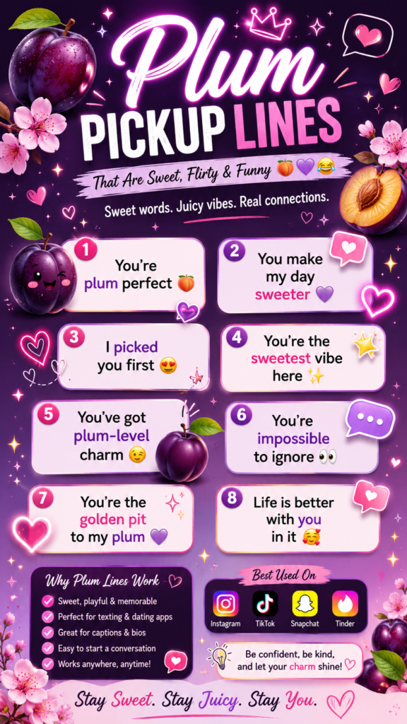 Colorful vertical infographic featuring cute and funny plum pickup lines with aesthetic purple gradients, hearts, sparkles, and romantic social media-inspired design.