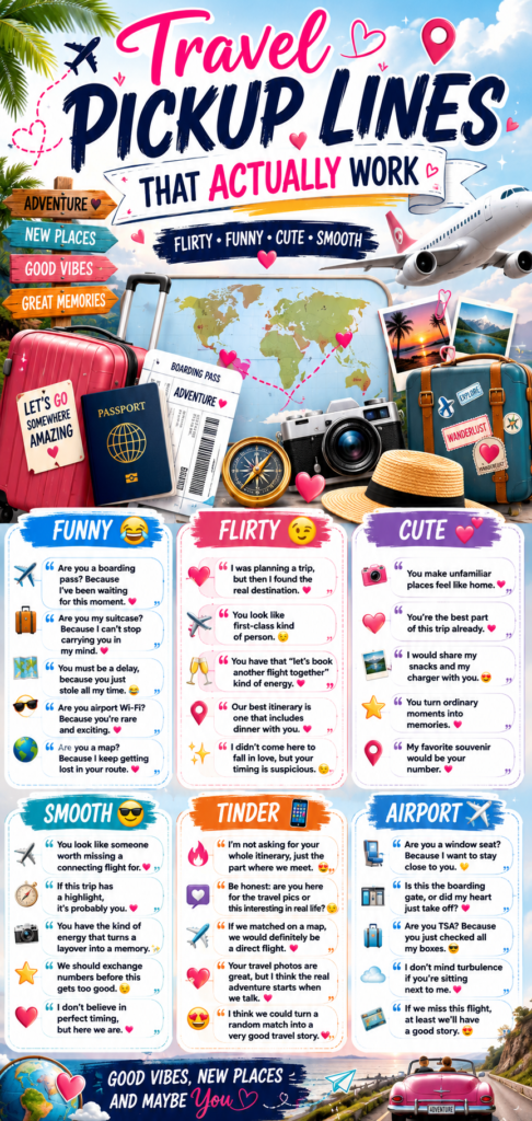 Infographic featuring funny, flirty, cute, and smooth travel pickup lines with airplane, passport, suitcase, and travel-themed visuals.